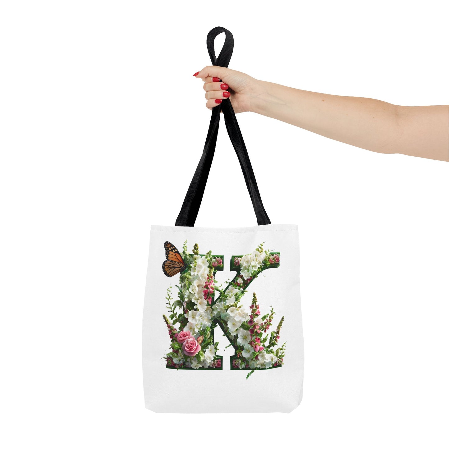 Floral Alphabet 'K'  Tote Bag with Cottage Garden Flowers and Butterfly Design