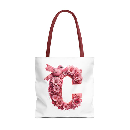 Floral Alphabet C' Tote Bag - Pink Bird Floral Design for Shopping, Work and Beach