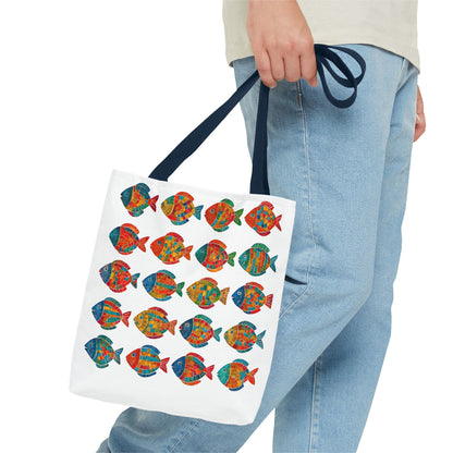 Colorful Mosaic Fish Print Tote Bag, Reusable Grocery Bag, Summer Beach Accessory, Marine Life Gift, Unique Art Bag