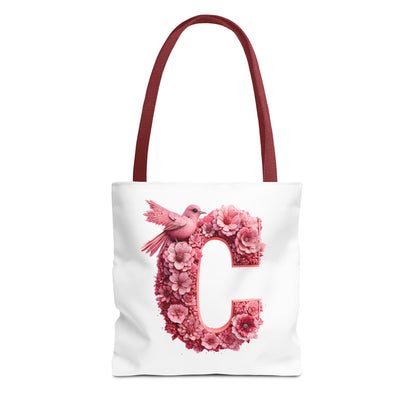 Floral Alphabet C' Tote Bag - Pink Bird Floral Design for Shopping, Work and Beach