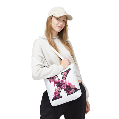 Floral Alphabet 'X' Tote Bag with Pink and Purple Flower and Bird Design