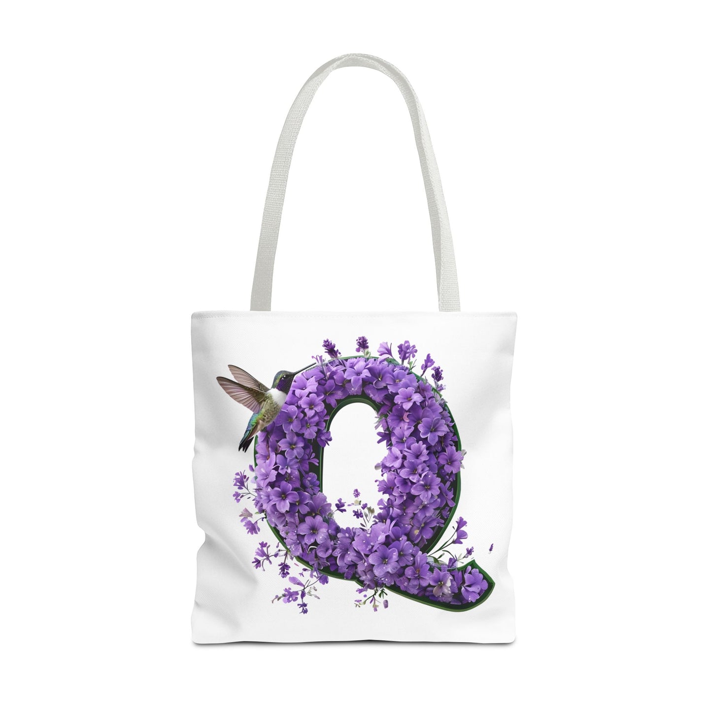 Floral Alphabet 'Q' Tote Bag - Hummingbird and Purple Flower Nature-Inspired Design