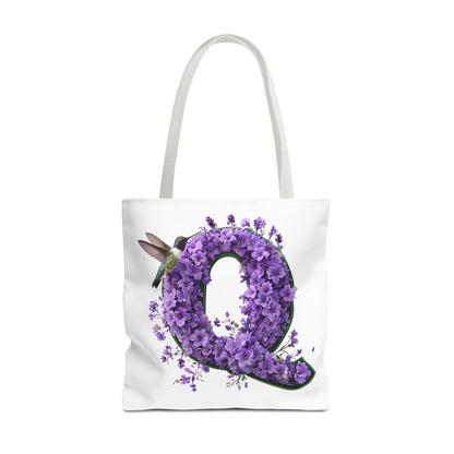 Floral Alphabet 'Q' Tote Bag - Hummingbird and Purple Flower Nature-Inspired Design