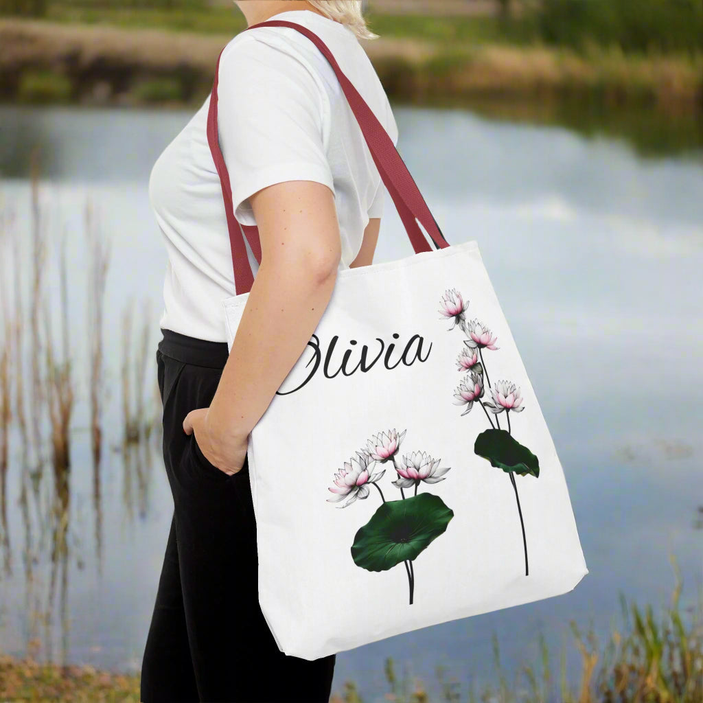 July water lily personalized tote bag