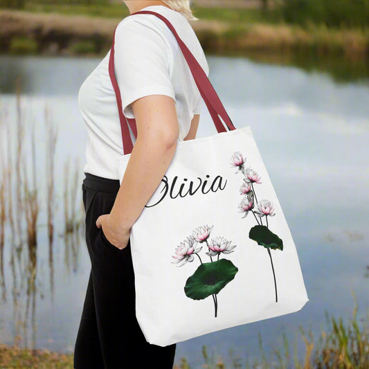July water lily personalized tote bag
