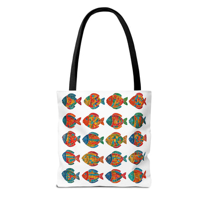 Colorful Mosaic Fish Print Tote Bag, Reusable Grocery Bag, Summer Beach Accessory, Marine Life Gift, Unique Art Bag