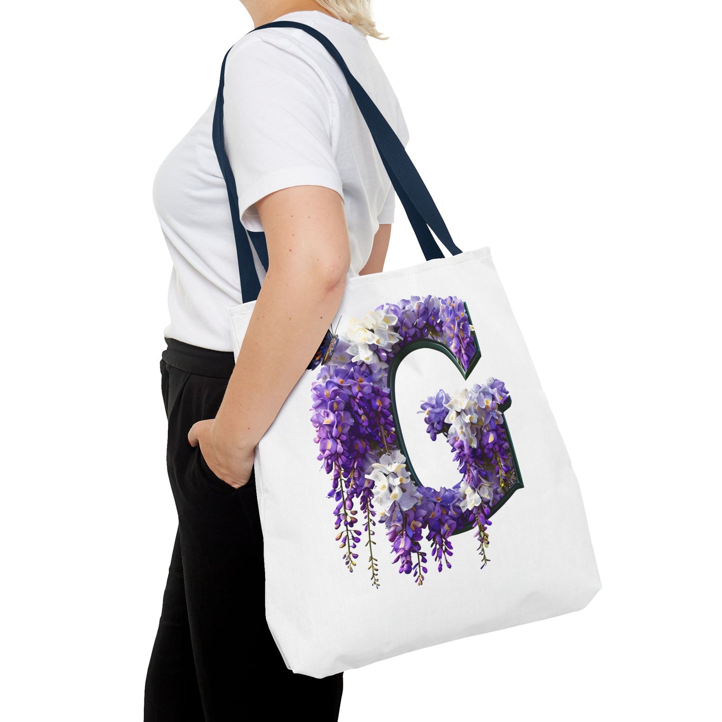 Floral Alphabet 'G' Tote Bag - Purple Flowers and Butterfly Design, Style for Every Occasion