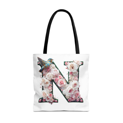Floral Alphabet 'N' Tote Bag - Chic Shopper Accessory with Flower and Bird Design