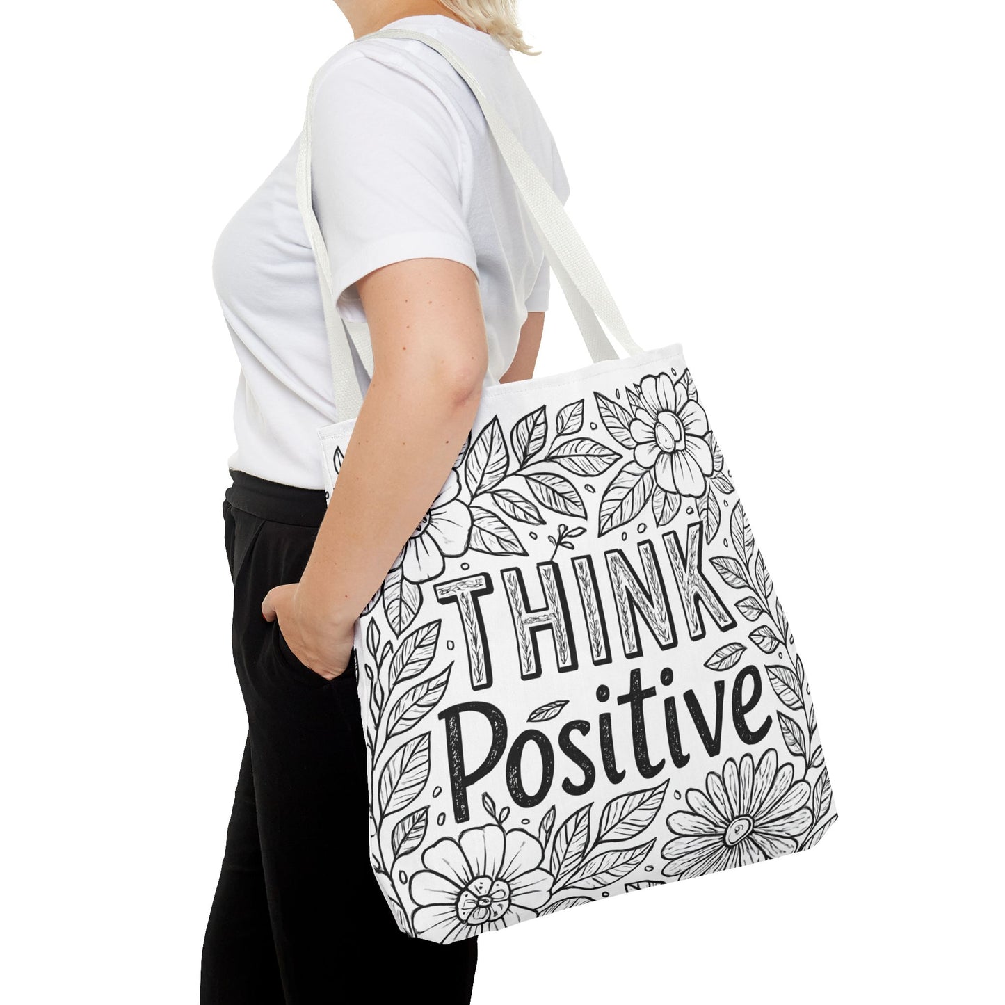 Think Positive Floral Tote Bag, Motivational Bag for Students, Gift for Friends, Inspirational Accessory