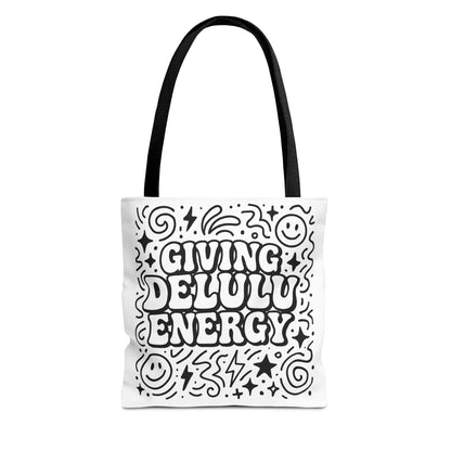 Black and White Doodle Art Tote Bag - Giving Delulu Energy - Gen Z Slang - Coloring Page Bag - Perfect for Everyday Use, Shopping, Gifts, Beach Trips