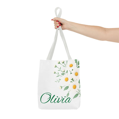 Personalized April Daisy Tote Bag, Custom Name Gift For Her, Birth Month Flower Design, Eco-Friendly Grocery Shopping Bag