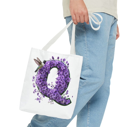 Floral Alphabet 'Q' Tote Bag - Hummingbird and Purple Flower Nature-Inspired Design