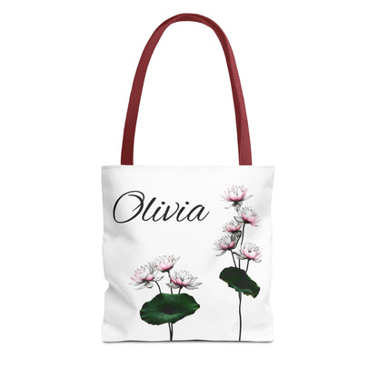 Personalized Water Lily Tote Bag, Eco-Friendly Reusable Shopping Bag, Custom Name Bag for July Birth Month Flower