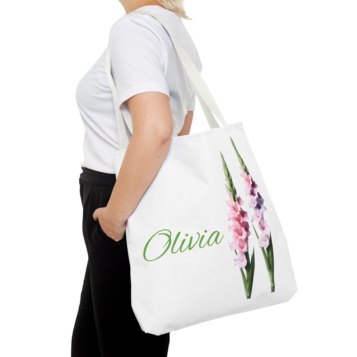 Personalized Gladiolus Floral Tote Bag - Custom Name Bag, August Birth Month Flower Design, Reusable Eco-Friendly Shopper