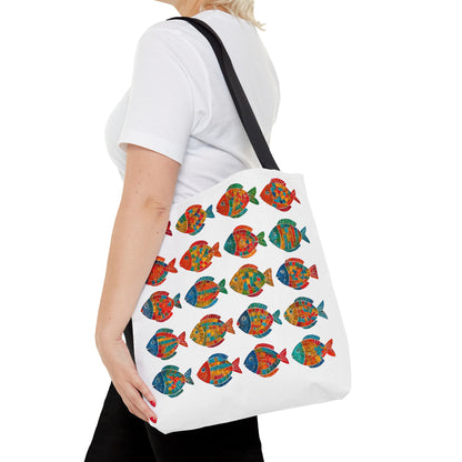 Colorful Mosaic Fish Print Tote Bag, Reusable Grocery Bag, Summer Beach Accessory, Marine Life Gift, Unique Art Bag