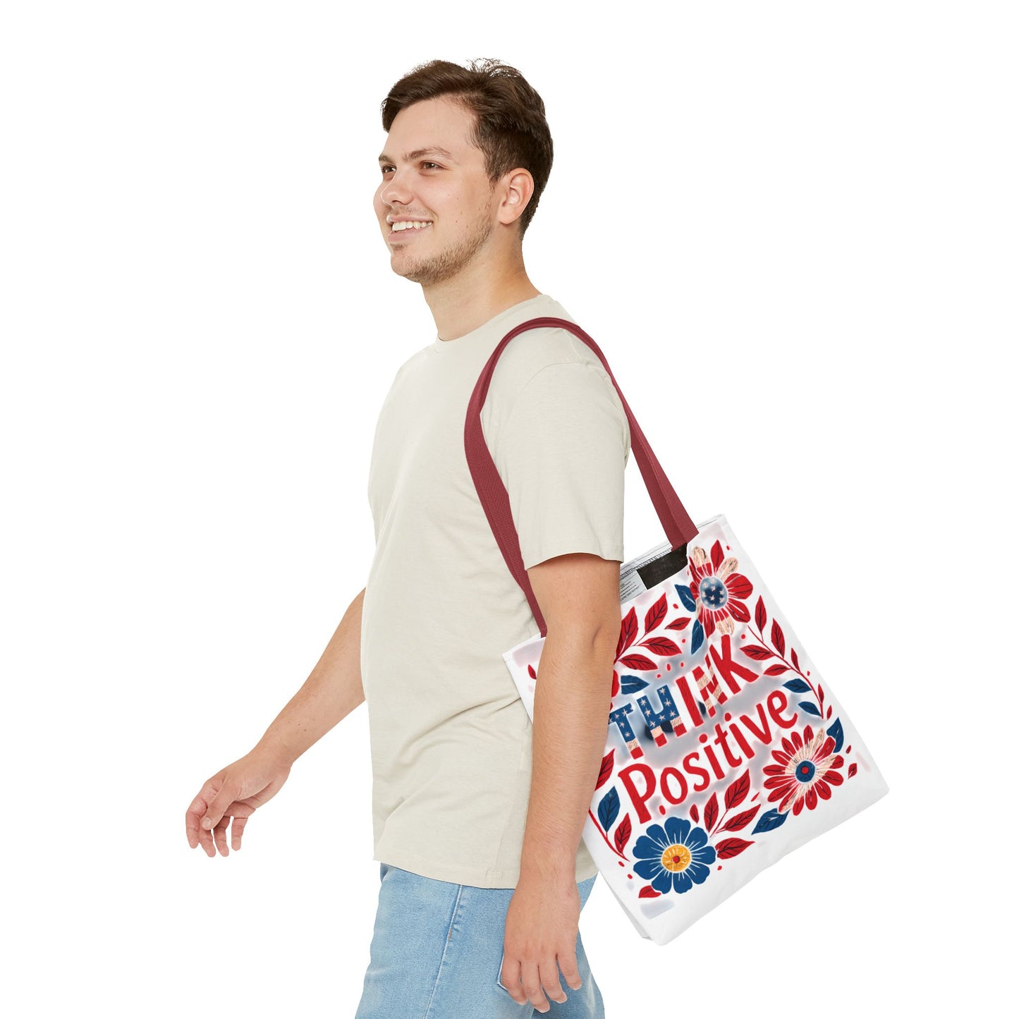 Red White and Blue Think Positive Tote Bag - Patriotic Embroidery Style Carryall, Great for Gifts, Shopping, Beach Days, Day Trips