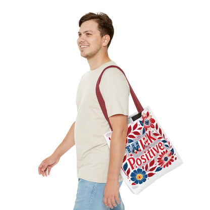 Red White and Blue Think Positive Tote Bag - Patriotic Embroidery Style Carryall, Great for Gifts, Shopping, Beach Days, Day Trips