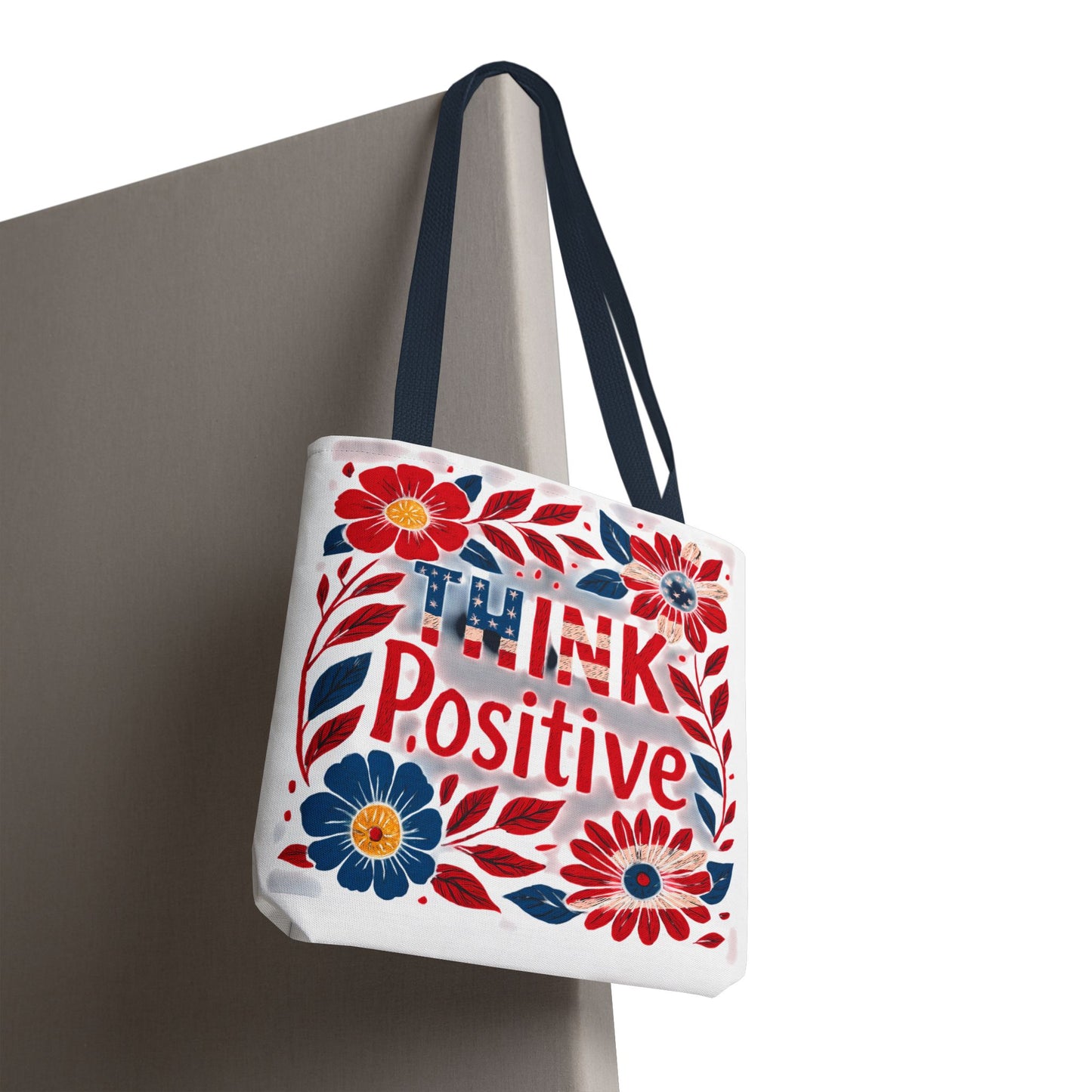 Red White and Blue Think Positive Tote Bag - Patriotic Embroidery Style Carryall, Great for Gifts, Shopping, Beach Days, Day Trips