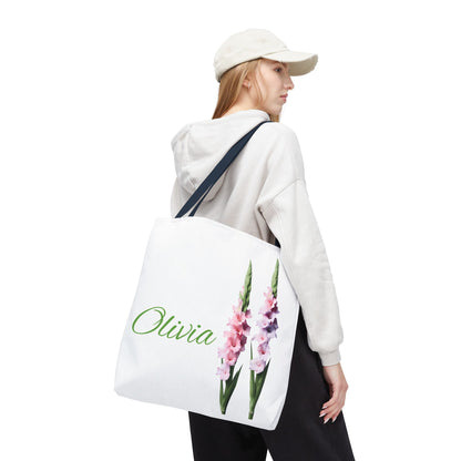 Personalized Gladiolus Floral Tote Bag - Custom Name Bag, August Birth Month Flower Design, Reusable Eco-Friendly Shopper
