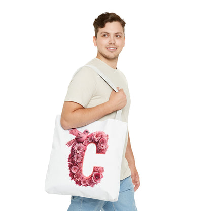 Floral Alphabet C' Tote Bag - Pink Bird Floral Design for Shopping, Work and Beach