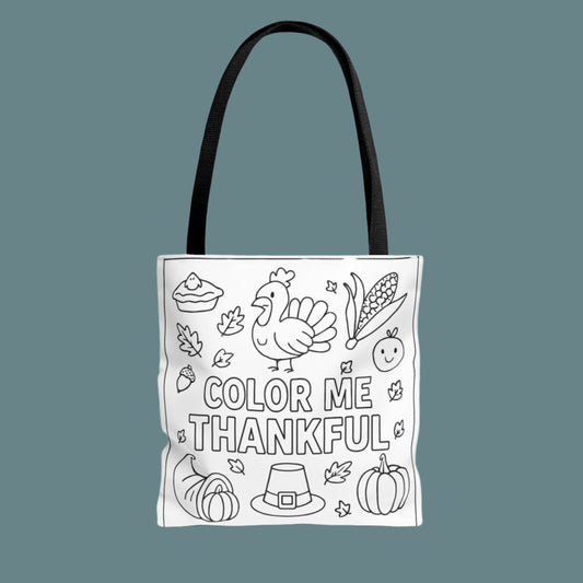 Tote bag with Thanksgiving-themed coloring design on a white background