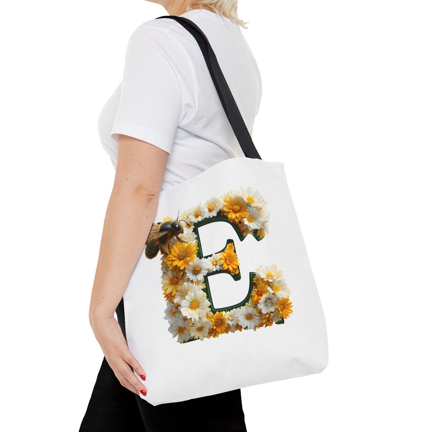 Floral Alphabet Tote Bag with Yellow Daisies, the Initial 'E' and Bee Design