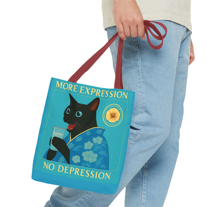 Motivational Chinoiserie Black Cat Tote Bag - More Expression No Depression