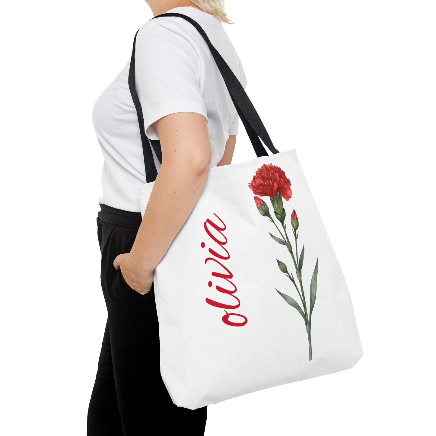 Personalized January Carnation Birth Month Flower Tote Bag, Custom Name Tote, Eco-Friendly Grocery Shopping Bag, Gift for Her