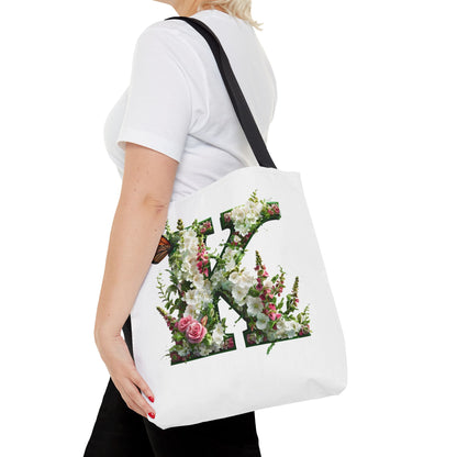 Floral Alphabet 'K'  Tote Bag with Cottage Garden Flowers and Butterfly Design