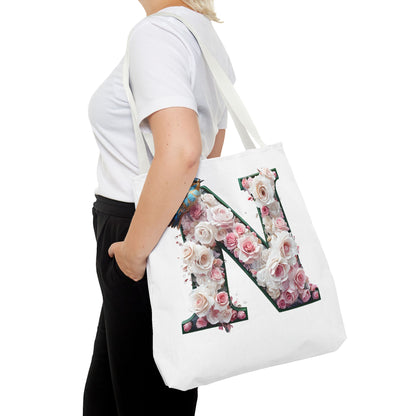 Floral Alphabet 'N' Tote Bag - Chic Shopper Accessory with Flower and Bird Design