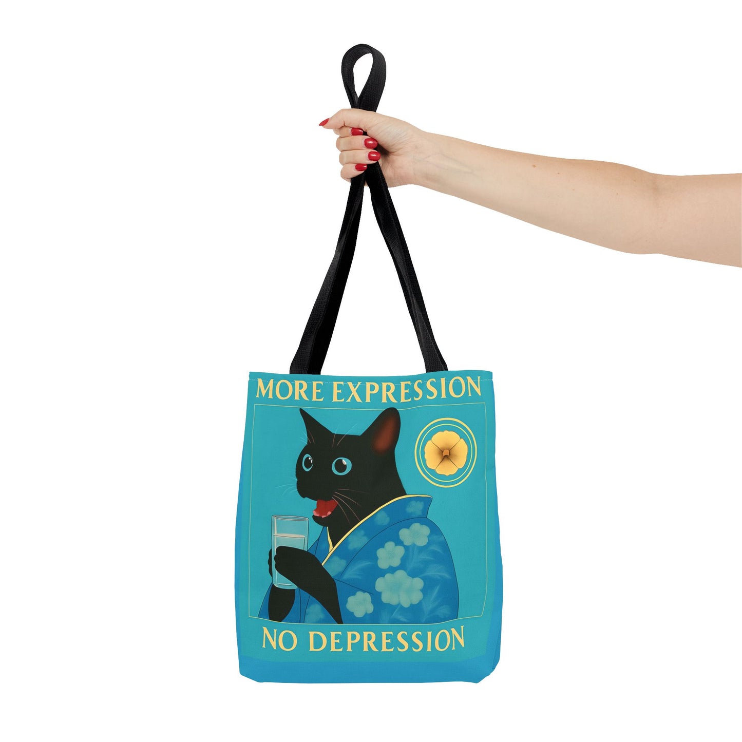 Motivational Chinoiserie Black Cat Tote Bag - More Expression No Depression