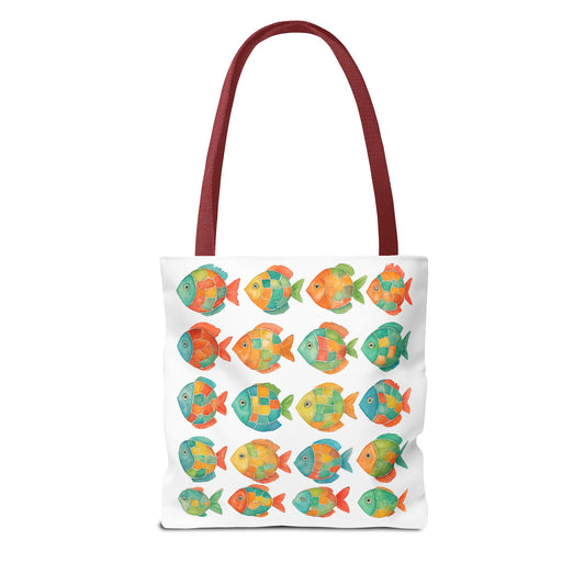 Colorful Mosaic Fish Print Tote Bag, Reusable Grocery Bag, Summer Travel Accessory, Gift for Ocean Lovers