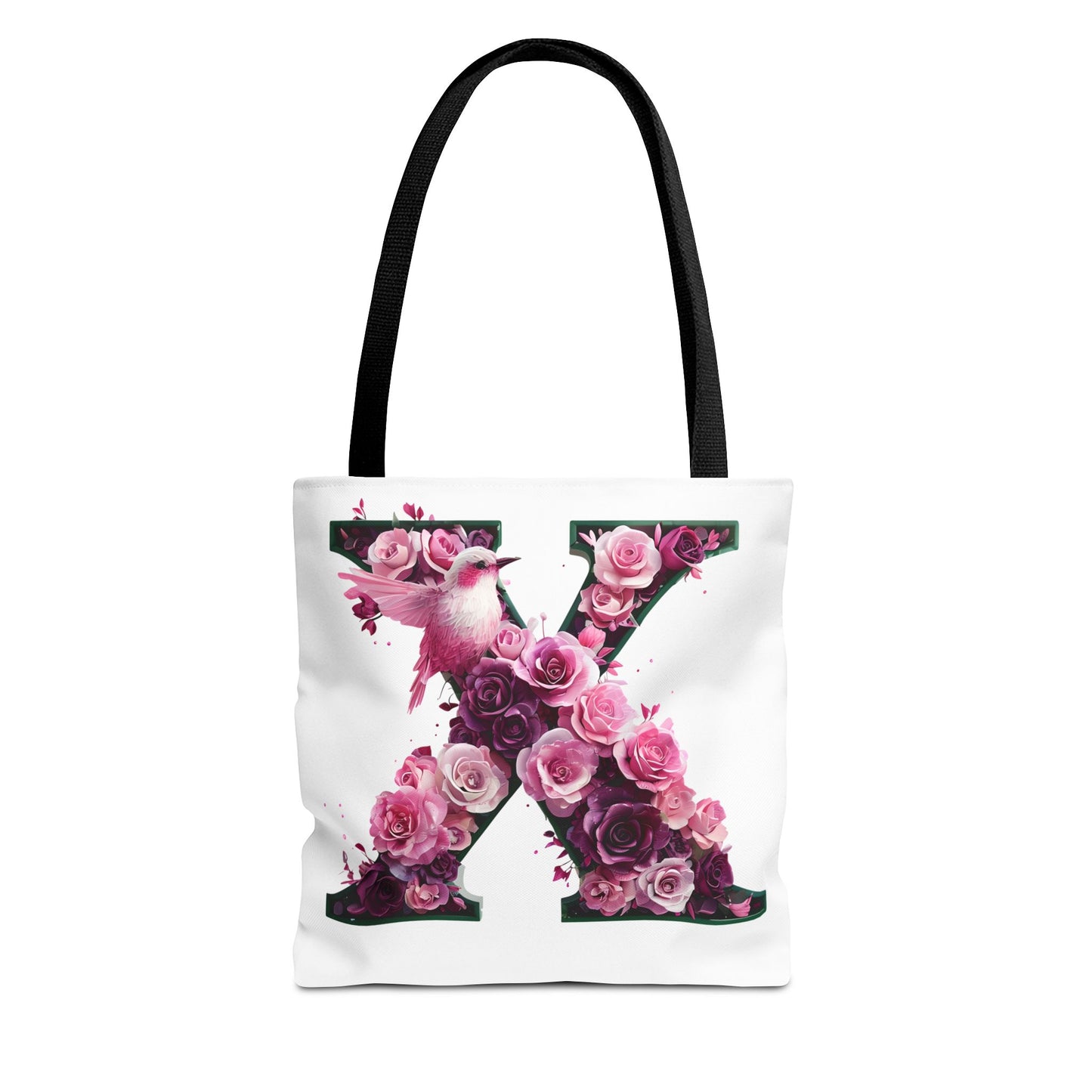 Floral Alphabet 'X' Tote Bag with Pink and Purple Flower and Bird Design