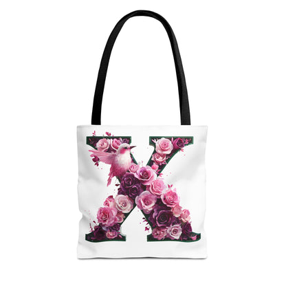 Floral Alphabet 'X' Tote Bag with Pink and Purple Flower and Bird Design