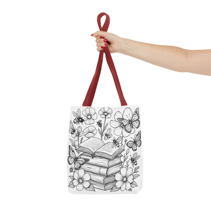 Coloring Page  Book Lover Tote Bag, Floral Butterfly Tote, Gift for Readers, Library Bag, Eco-Friendly Shopping Tote