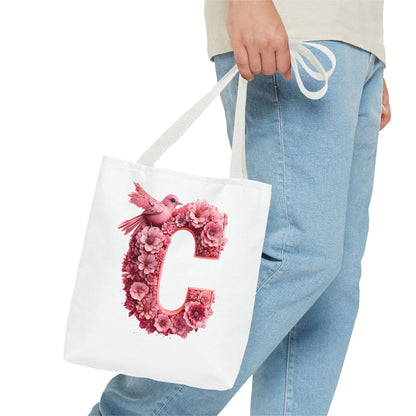 Floral Alphabet C' Tote Bag - Pink Bird Floral Design for Shopping, Work and Beach