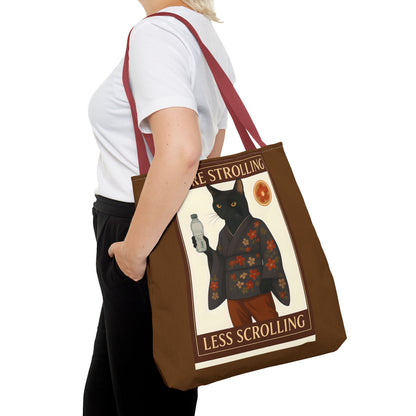 More Strolling Less Scrolling Cat Tote Bag – Cute Black Cat Design for Cat Lovers