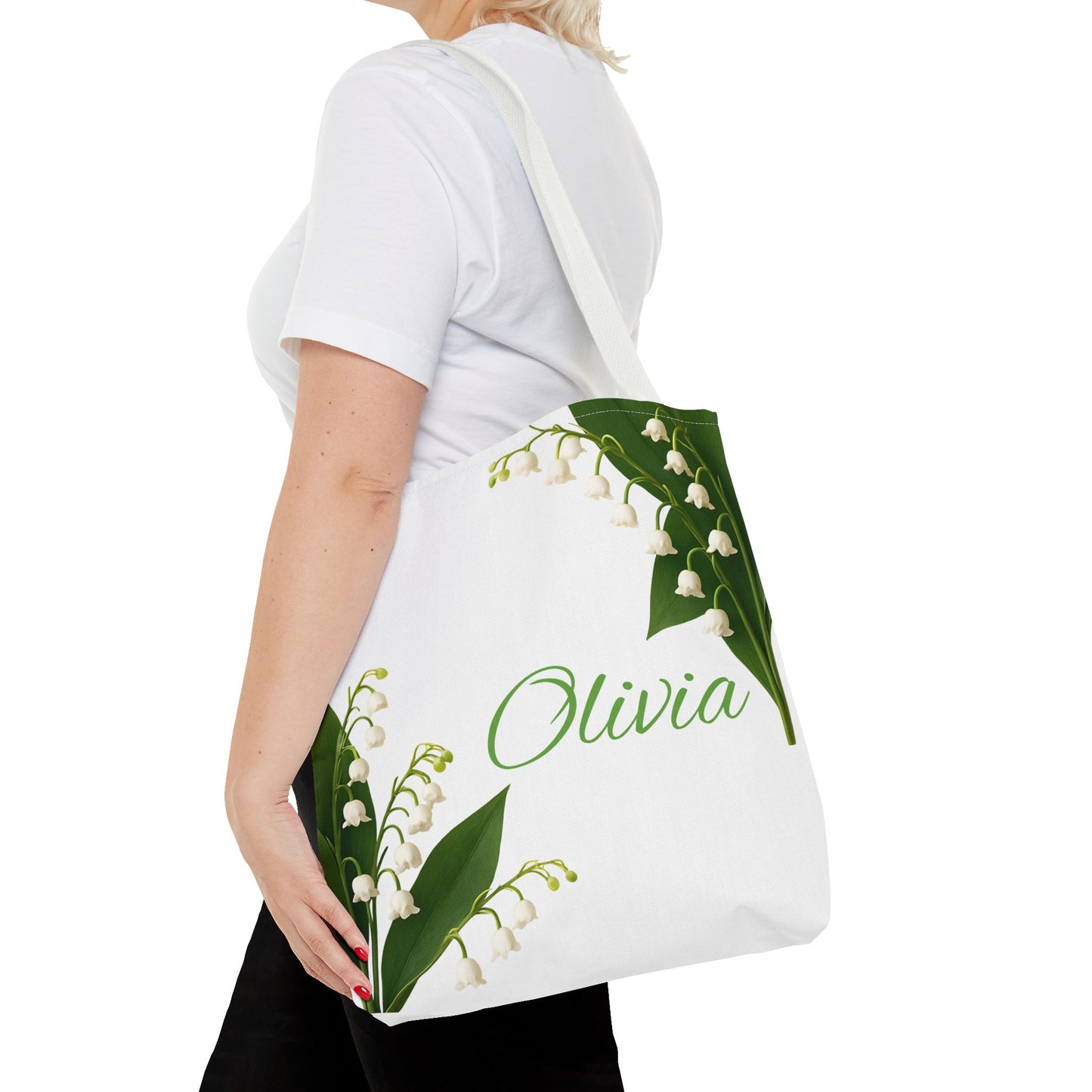 Personalized Birth Month Flower Tote Bag, Custom Name Tote, Eco-Friendly Grocery Shopping Bag, May Lily of the Valley Design