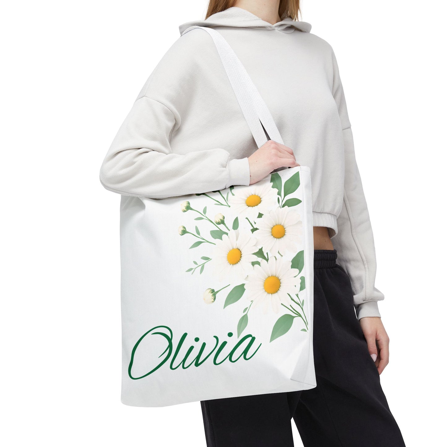 Personalized April Daisy Tote Bag, Custom Name Gift For Her, Birth Month Flower Design, Eco-Friendly Grocery Shopping Bag
