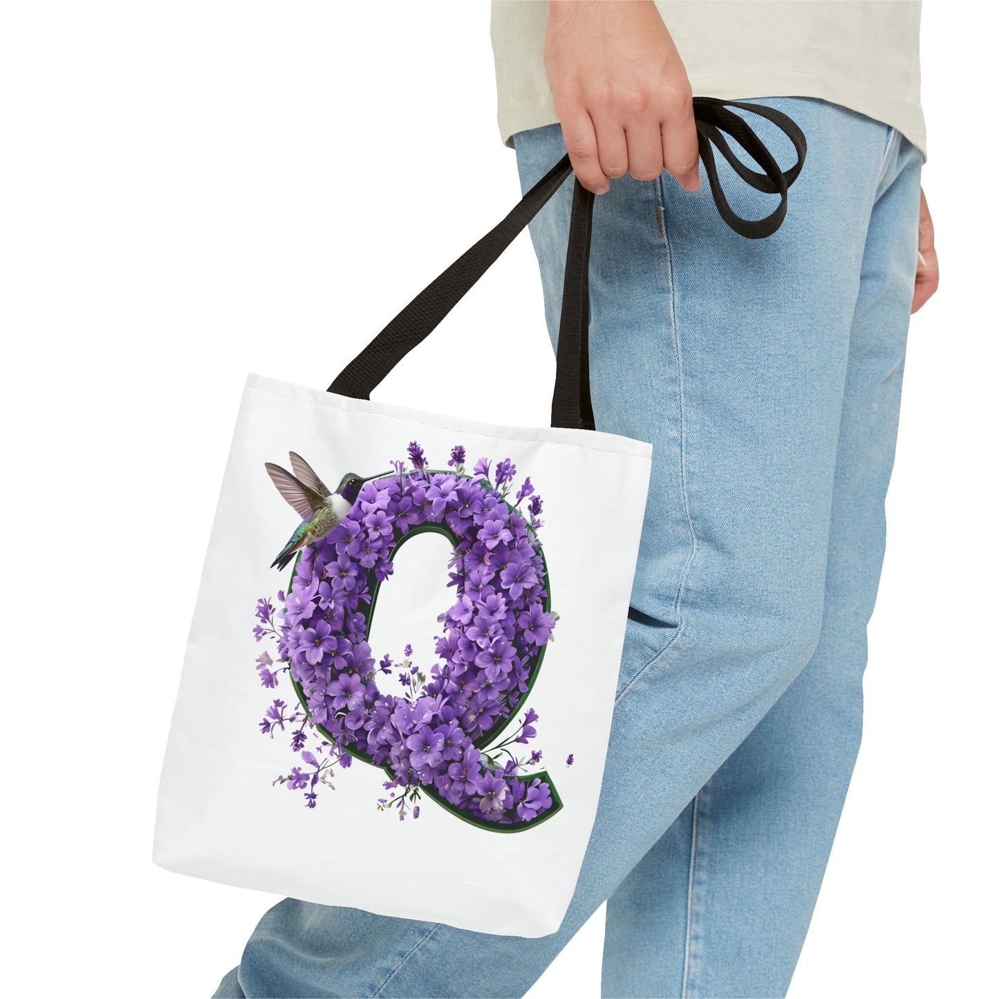 Floral Alphabet 'Q' Tote Bag - Hummingbird and Purple Flower Nature-Inspired Design
