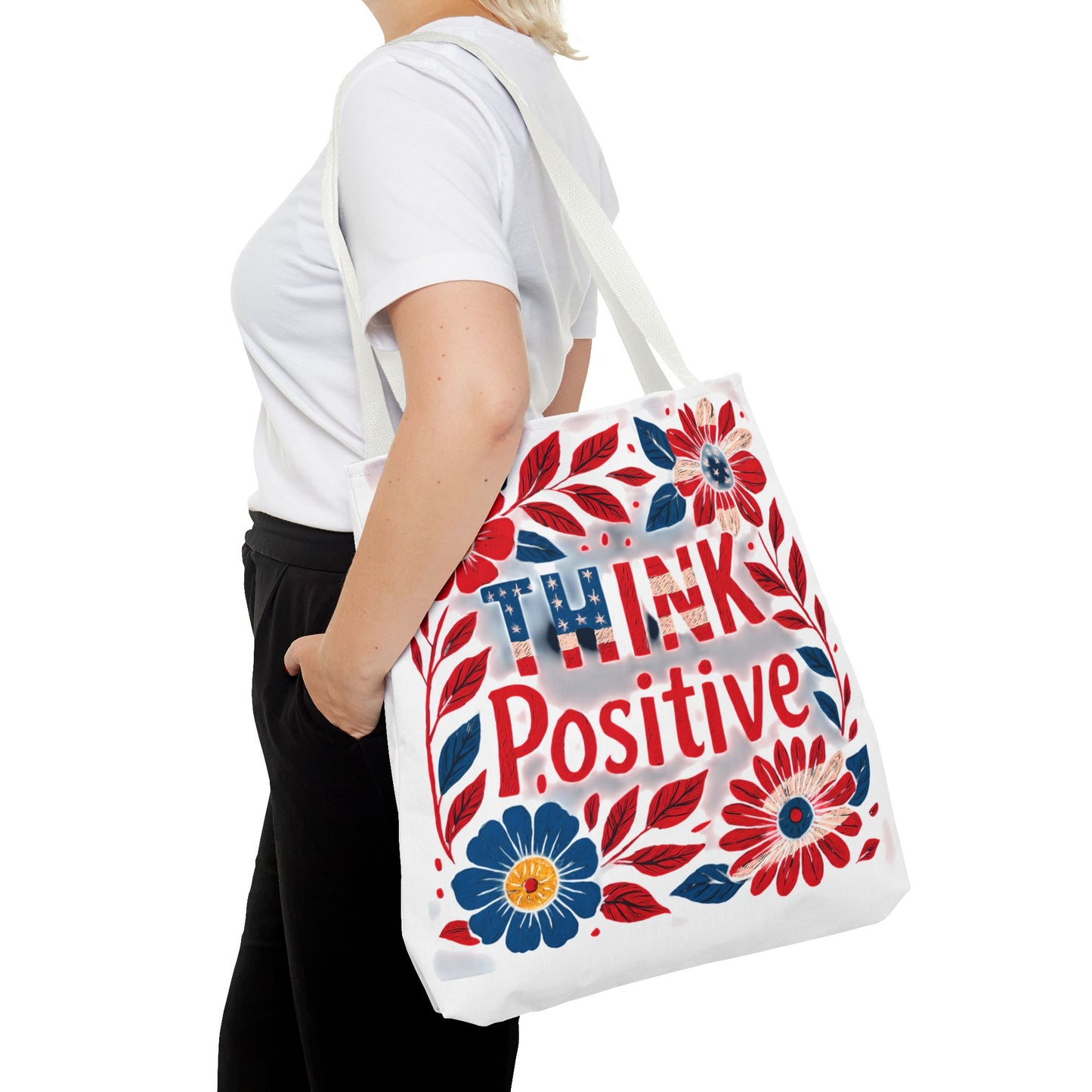 Red White and Blue Think Positive Tote Bag - Patriotic Embroidery Style Carryall, Great for Gifts, Shopping, Beach Days, Day Trips