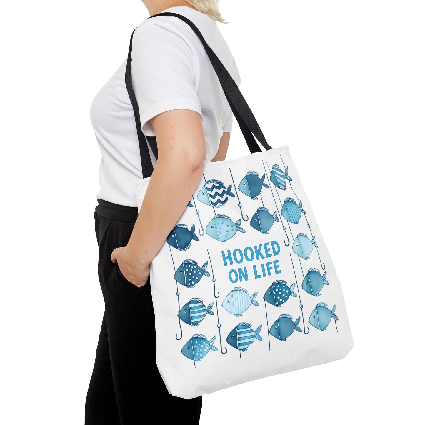 Fish-Themed Tote Bag, Hooked on Life Shopping Bag, Aqua Fishing Tote, Gift for Fisherman, Eco-Friendly Reusable Beach Bag