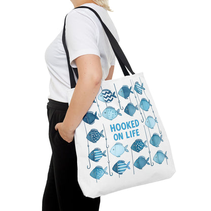 Fish-Themed Tote Bag, Hooked on Life Shopping Bag, Aqua Fishing Tote, Gift for Fisherman, Eco-Friendly Reusable Beach Bag