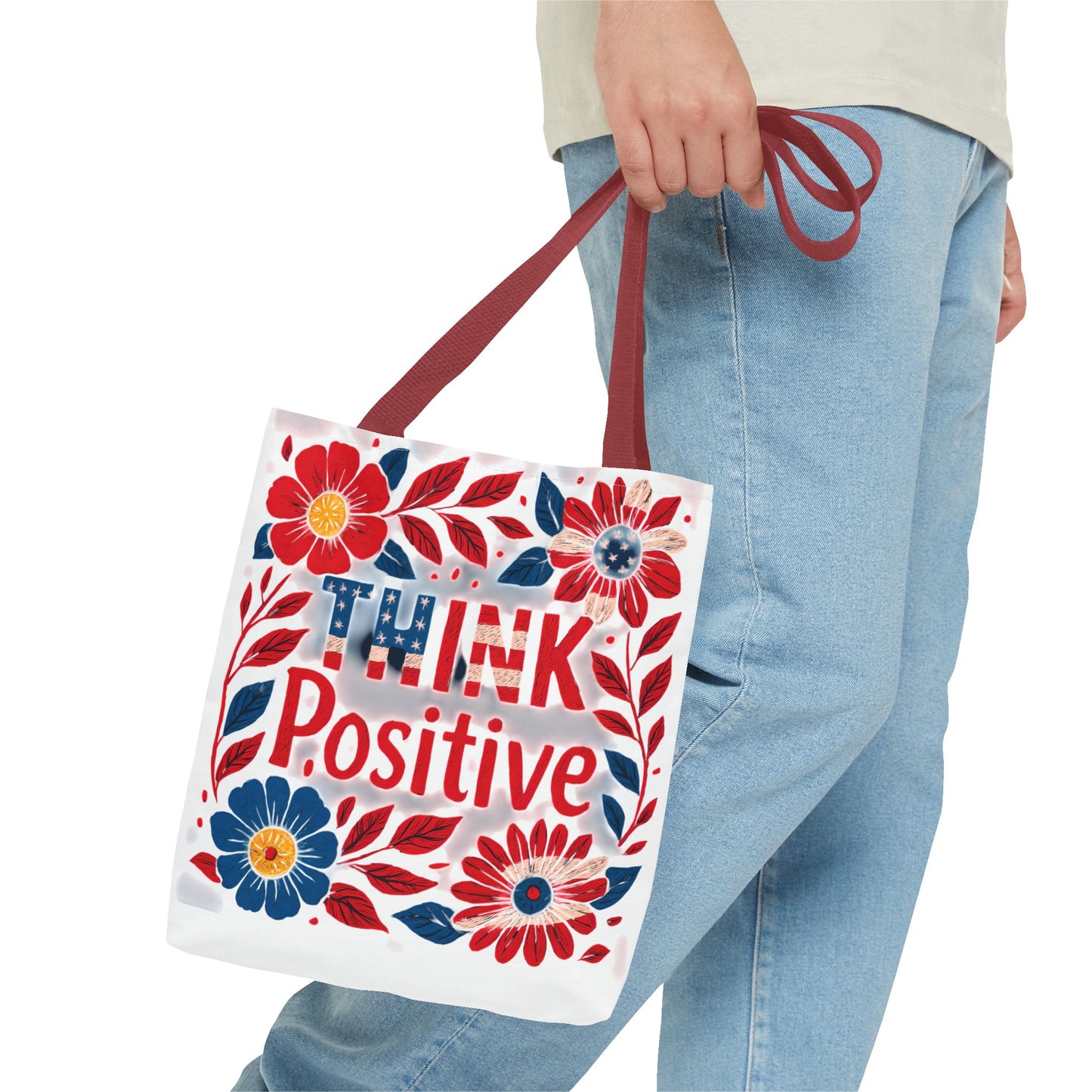 Red White and Blue Think Positive Tote Bag - Patriotic Embroidery Style Carryall, Great for Gifts, Shopping, Beach Days, Day Trips