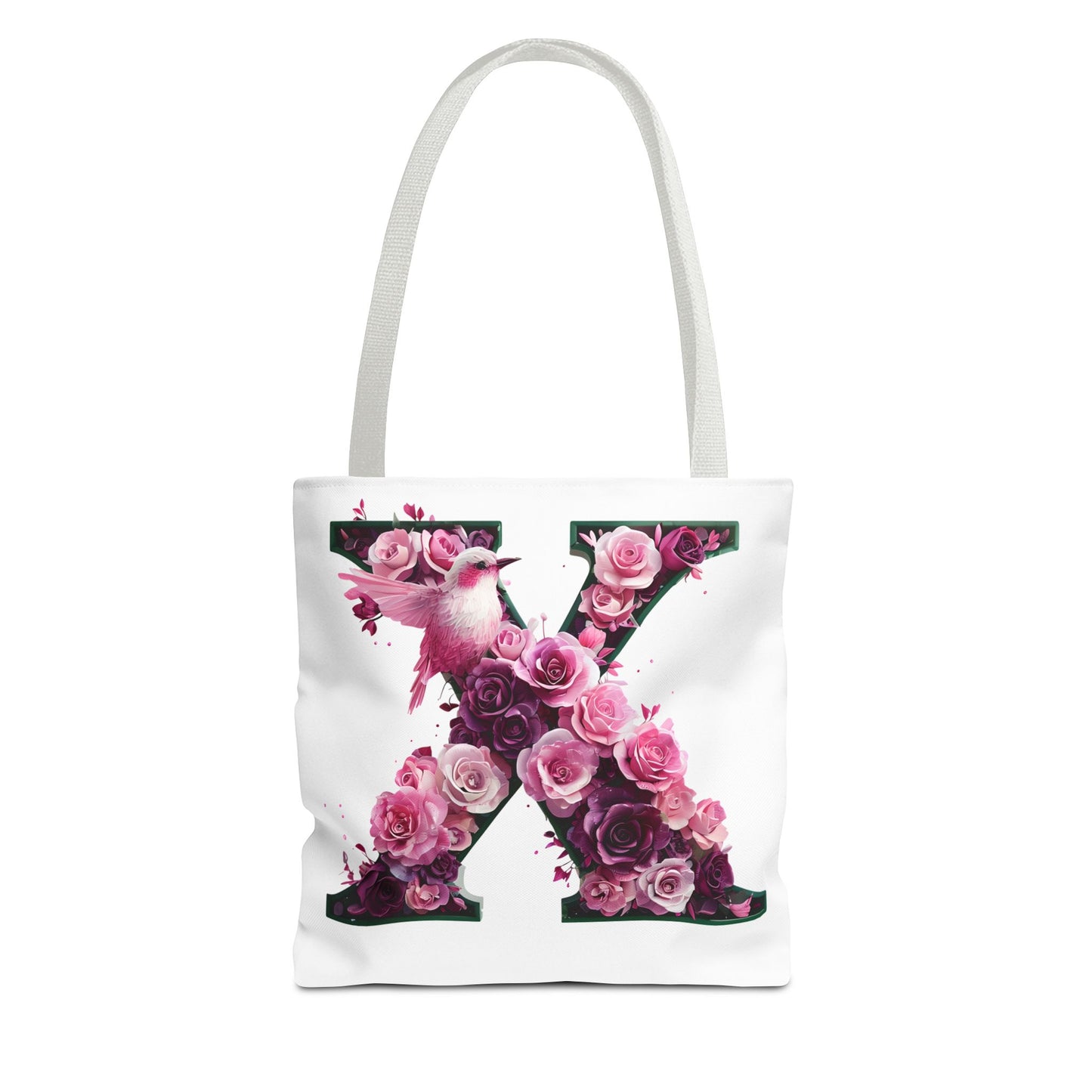 Floral Alphabet 'X' Tote Bag with Pink and Purple Flower and Bird Design