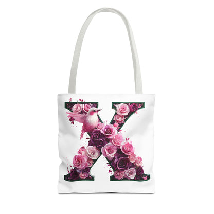 Floral Alphabet 'X' Tote Bag with Pink and Purple Flower and Bird Design