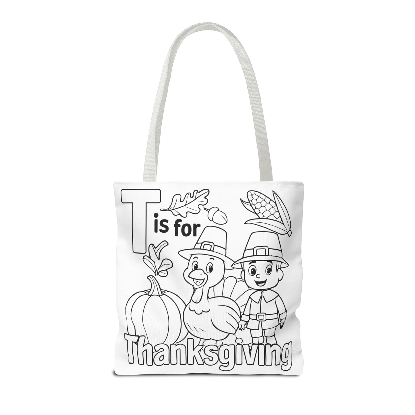 T is for Thanksgiving Coloring Page Tote Bag - Colorful Pilgrims and Turkey Design, AOP, Ideal for Holiday Gatherings, Gifts, and Crafts