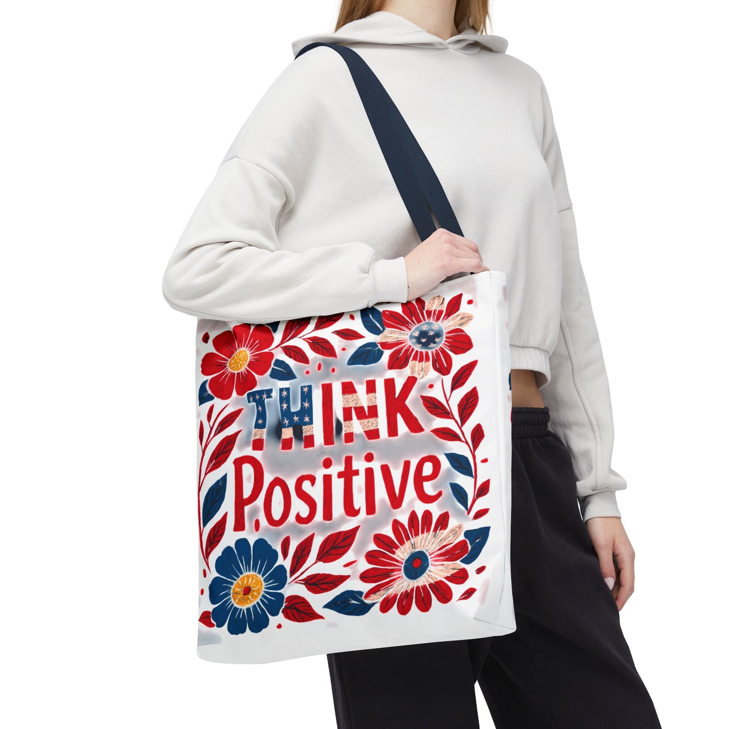 Red White and Blue Think Positive Tote Bag - Patriotic Embroidery Style Carryall, Great for Gifts, Shopping, Beach Days, Day Trips