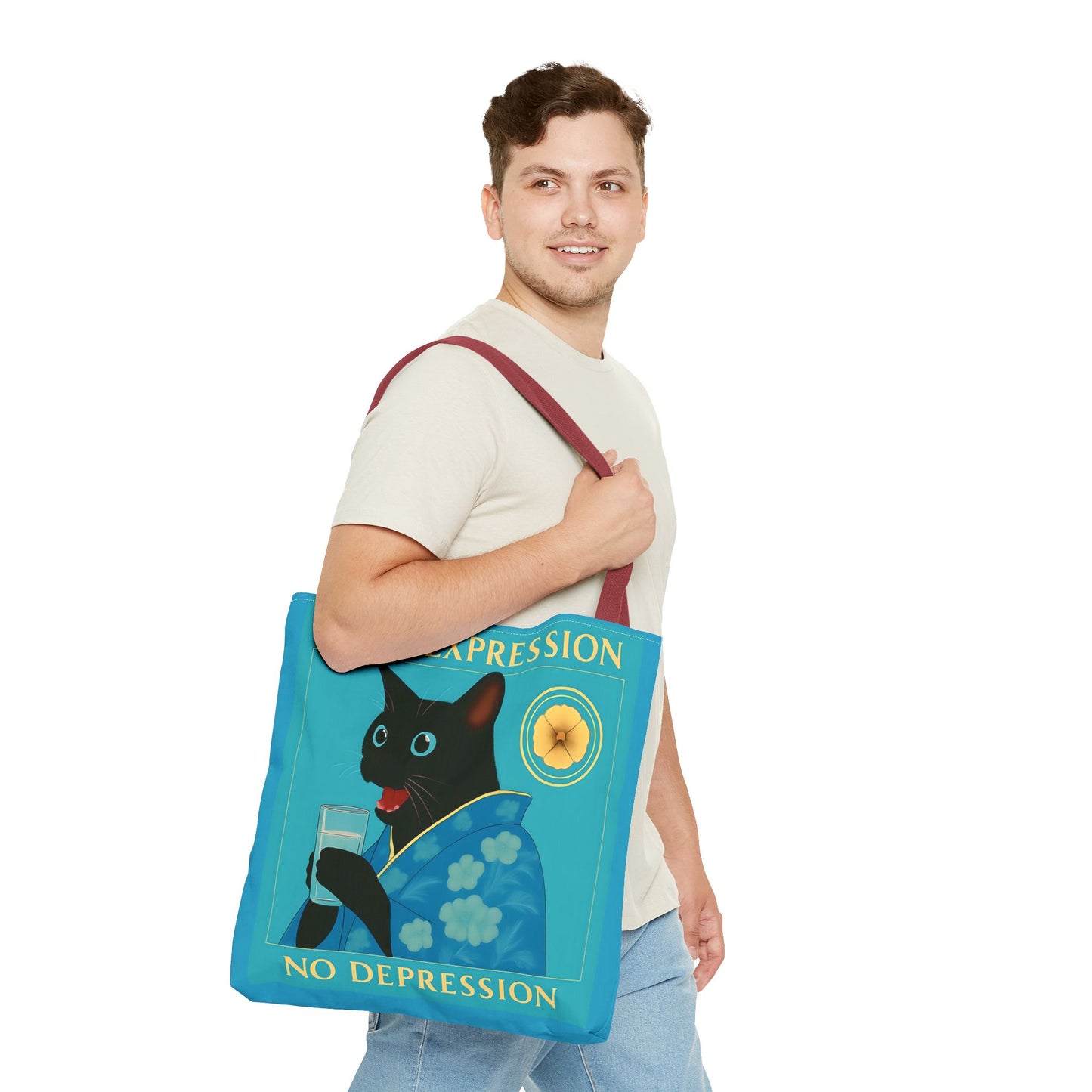 Motivational Chinoiserie Black Cat Tote Bag - More Expression No Depression