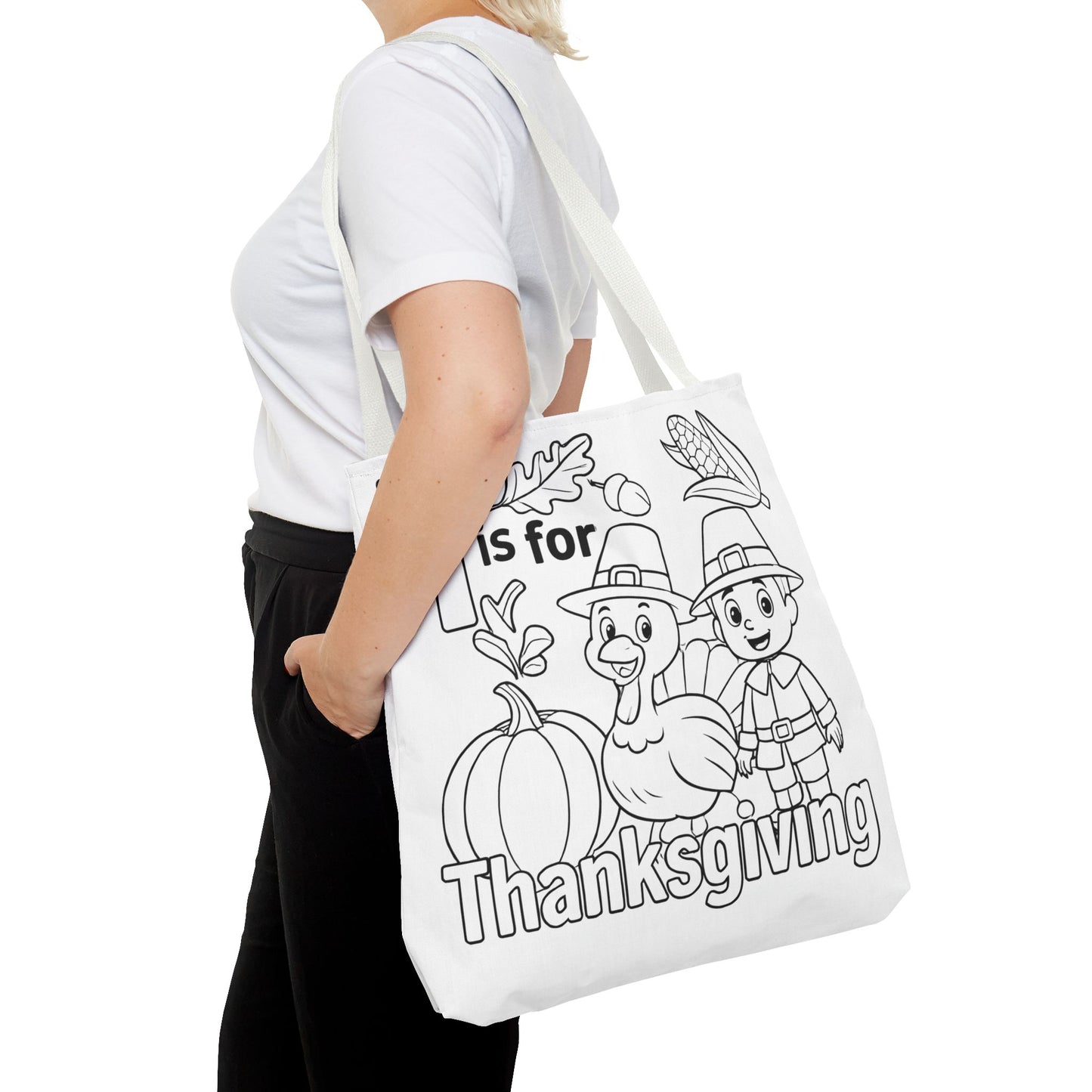 T is for Thanksgiving Coloring Page Tote Bag - Colorful Pilgrims and Turkey Design, AOP, Ideal for Holiday Gatherings, Gifts, and Crafts